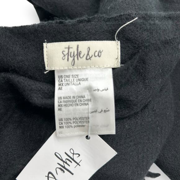 Macy's Black Fringe Trim Scarf Oblong Rectangle Solid Knit Warm Winter - Picture 12 of 13